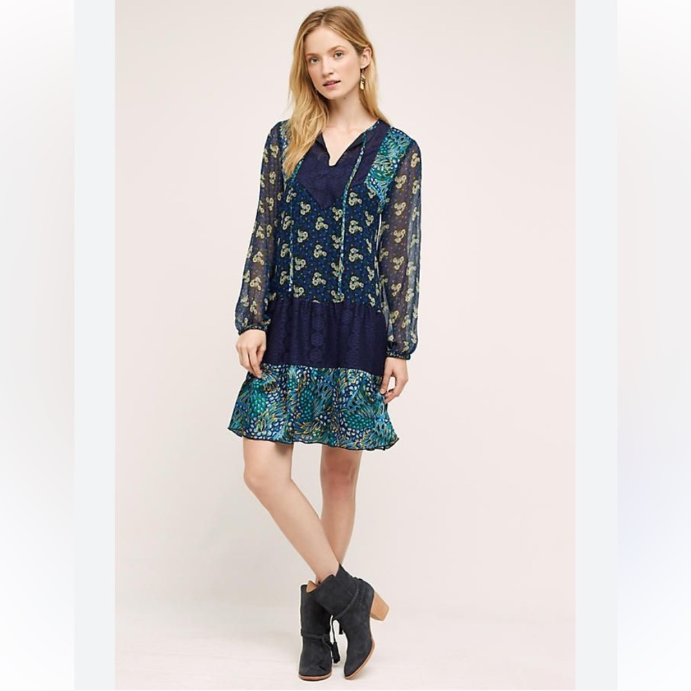 ANNA SUI Silk Mixed Pattern Peasant Dress Size 4